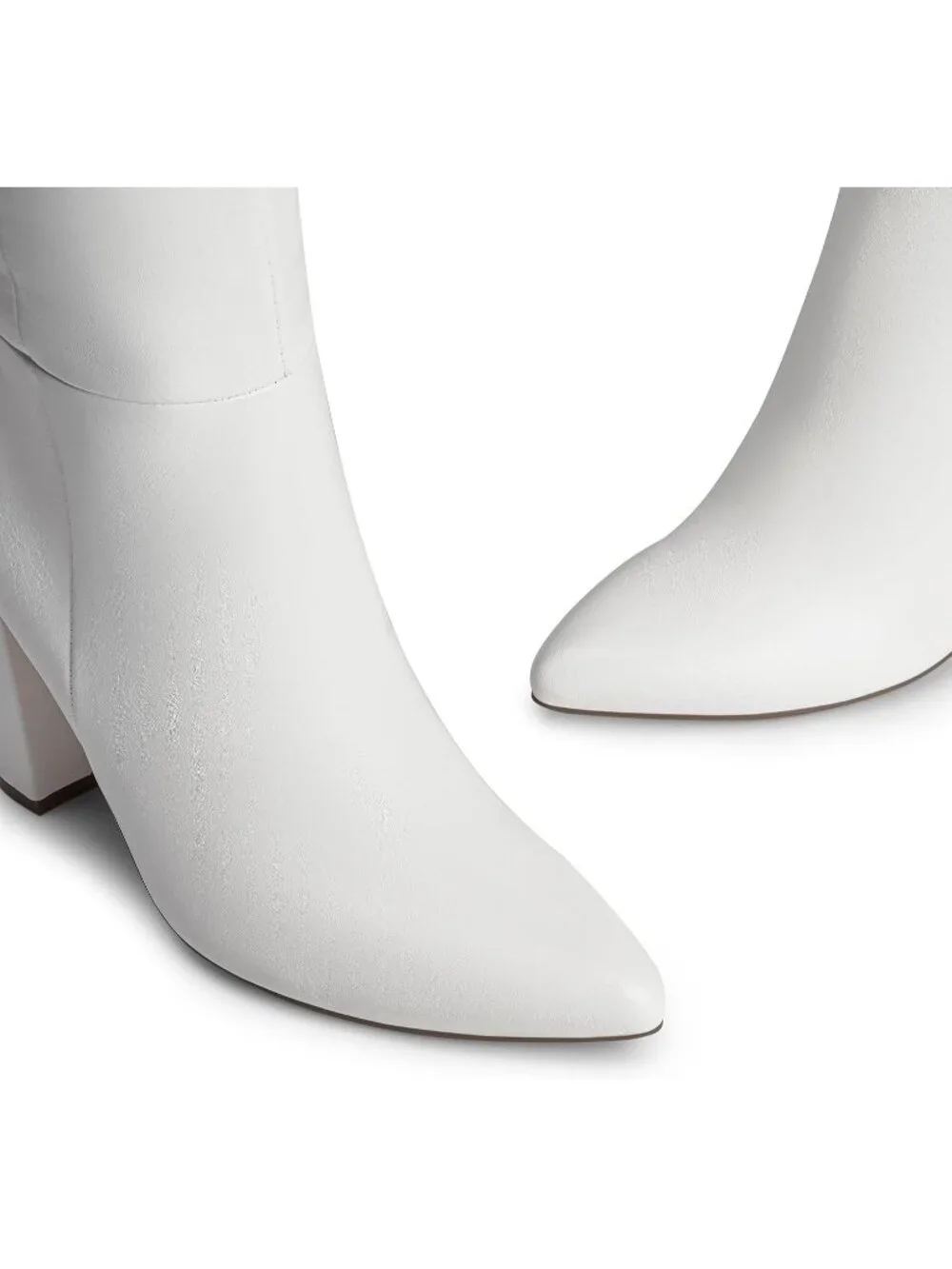 Women's White Faux Leather Chunky Heel Pointed Toe Side Zipper Knee High Boots